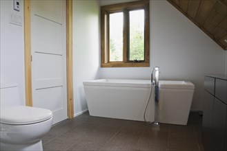 Main bathroom with grey ceramic tile floor and white porcelain toilet and freestanding bathtub on