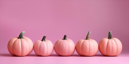 Pink pumpkins in a row on pink background. KI generiert, generiert, AI generated