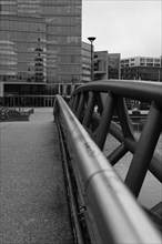 Building and bridge in the Mediapark, black and white, Cologne, Germany, Europe