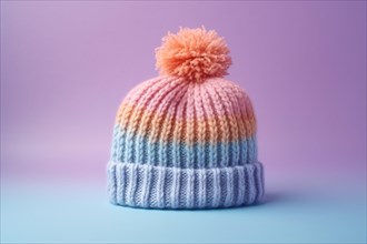 Pastel colored knitted winter hat on purple background. KI generiert, generiert, AI generated
