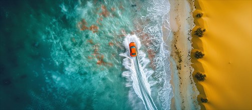 Aerial shot of a car driving along the beach, where yellow sand meets the teal ocean, action sports