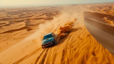 An SUV racing through a the dunes in desert landscape, leaving a vast trail of dust and sand