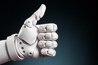 Robotic white artificial intelligence hand giving thumbs up. KI generiert, generiert, AI generated