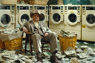 A man in an elegant suit sits relaxed on a chair, surrounded by washing machines and bundles of