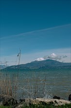 View over Lake Garda to snow-covered mountains with reeds in the foreground under a clear blue sky,