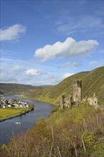 View of the ruins of Metternich Castle near Beilstein and the wine village of Ellenz-Poltersdorf,