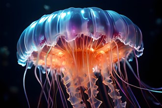 Deep sea jellyfish glowing with bioluminescence intricate patterns illuminating the dark sea, AI
