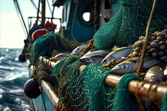 Net pulled aboard a fishing trawler overflowing with a mix of fish and bycatch, AI generated