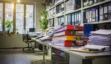 A busy office full of piles of documents and folders on shelves with a focus on organisation,
