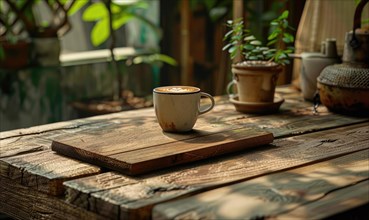 An espresso cup on a rustic wooden table beside a potted plant with natural light AI generated