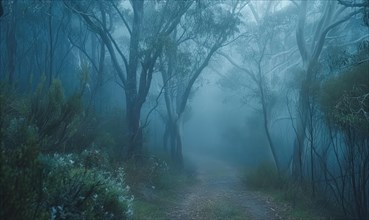 Misty trail winding through a dense eucalyptus forest AI generated