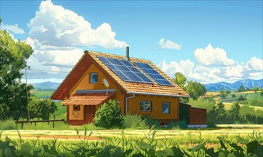 Rural eco-friendly cabin with solar panels in the fields with mountains in the background AI