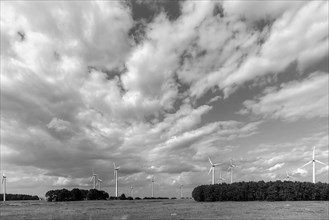 Wind turbines on the A 9 motorway, cloudy sky, Thuringia, Germany, Europe
