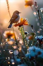 Wildflowers dotted with dewdrops sharp focus on a sparrow bird perched delicately among the petals,