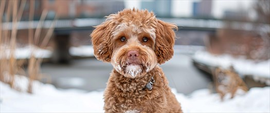 Lagotto puppy dog with brown fur and a curious expression standing on a snowy bridge in winter, AI