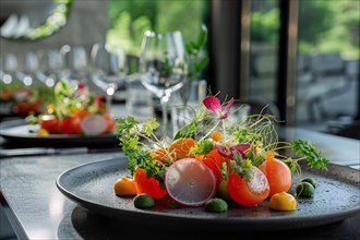 A fine dining experience showcasing vibrant edible flowers and elegant plating, AI generated
