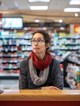 Pensive woman in casual clothing in a supermarket aisle, AI generated