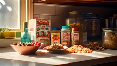 90s vintage style kitchen saturated with bright sunlight vintage cereal boxes arrayed on counter,