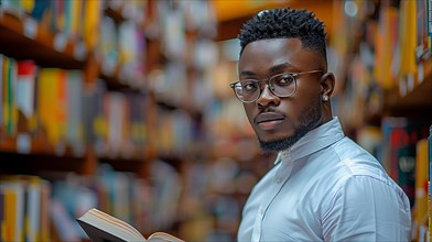 A confident elegant black man wearing glasses holding a book in a library, AI generated