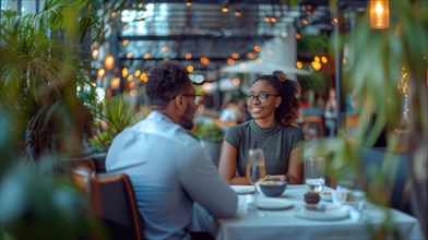 Romantic african american couple enjoying a dinner date in a restaurant surrounded by greenery, AI
