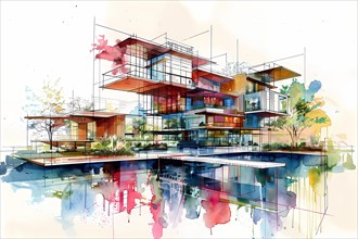 Vivid watercolor depiction of modern glass facade architecture with reflections, AI generated