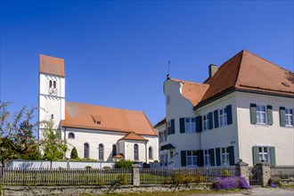Church of the Holy Spirit, with historic vicarage, Apfeldorf am Lech, Pfaffenwinkel, Upper Bavaria,