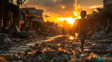 Silhouette of a child walking alone at sunset down a street littered with garbage on a war zone, AI