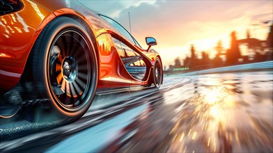A hypercar driving fast on a wet road with the evening sky reflecting on its surface, low ultra