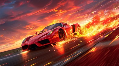 Red italian super Sports car racing at high speed with fire trailing behind during sunset, AI