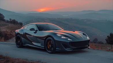 Black italian super sports car parked on a hillside road at sunset exuding elegance, AI generated