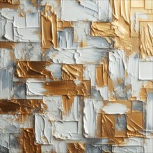 Textured abstract painting with palette knife strokes in gold and white, AI generated