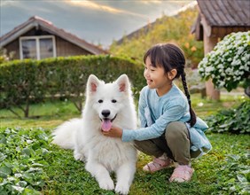 Dog, puppies of a white shepherd dog playing with a five-year-old girl in the garden, AI generated,