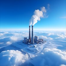Smokestacks emitting carbon dioxide against a backdrop of a clear blue sky indicating air