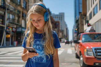 Girl with headphones looking at her smartphone on a busy street in a city, symbolic image for