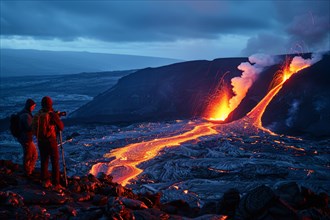 Two tourists photograph a spectacular volcanic landscape with liquid, partially cooled lava flows,
