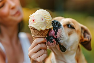 Dog being fed ice cream in cone. KI generiert, generiert, AI generated