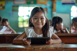 A pre-school girl sits in the classroom with a digital tablet and looks smiling into the camera,