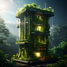 Concept of an air purification tower nestled in an urban setting coated with lush moss and climbing