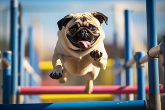 Pug dog jumping over obstacle at dog agility course. KI generiert, generiert, AI generated