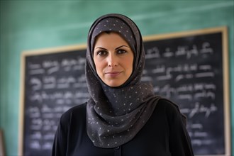 MMuslim female teacher with hijab headscarf in classroom in front of backboard. KI generiert,
