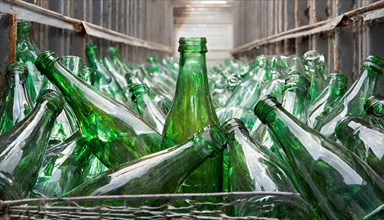 Empty glass bottles, in a recycling plant, AI generated, AI generated