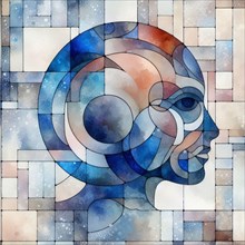 Geometric mosaic artwork creating a serene abstract face with circles and squares, square aspect,