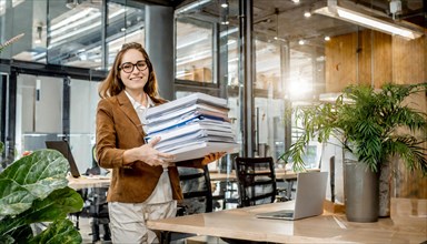 Woman with glasses stands next to a plant and holds piles of files, symbol bureaucracy, AI