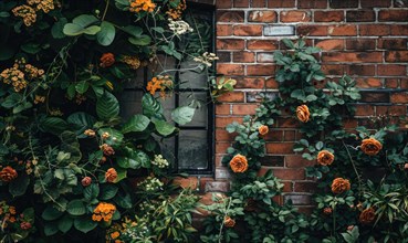 A lush coverage of green plants and yellow blooms against a brick wall with a window AI generated