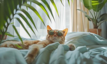 Cat wearing orange sunglasses lies comfortably on a blue bed with green plants in background AI