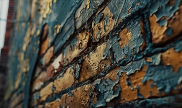 The rich texture of peeling blue and gold paint on an aging brick wall AI generated