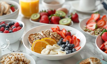 Healthy breakfast bowls with a variety of fruits, nuts, and cereals AI generated