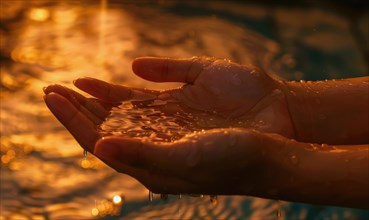 Hands catching falling water droplets in a golden and warm light setting AI generated