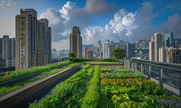 A skyline of towering buildings with a foreground of a vibrant green roof and rolling clouds AI