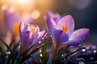 Morning sun graces dew kissed crocuses unfurling their petals in spring, AI generated